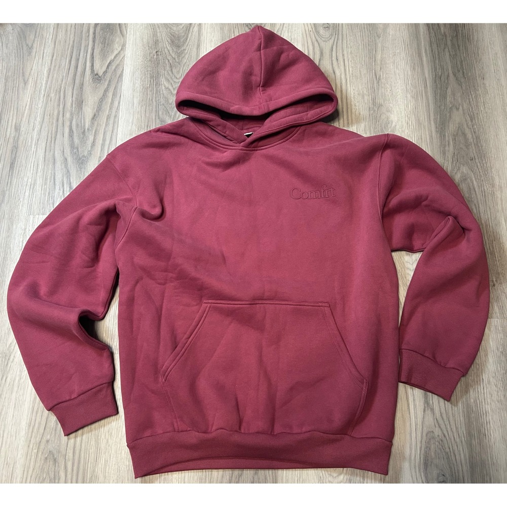 Comfrt Mens Signature Fleece Hoodie Cotton Blend Large Burgundy Maroon Red Solid